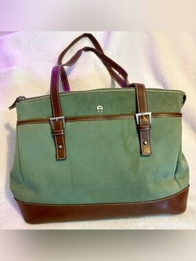 Vintage Etienne Aigner Green Canvas Shoulder Bag with Brown Leather Trim